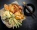Flat lay of Japanese vegetable tempura recipe with ginger ponzu sauce